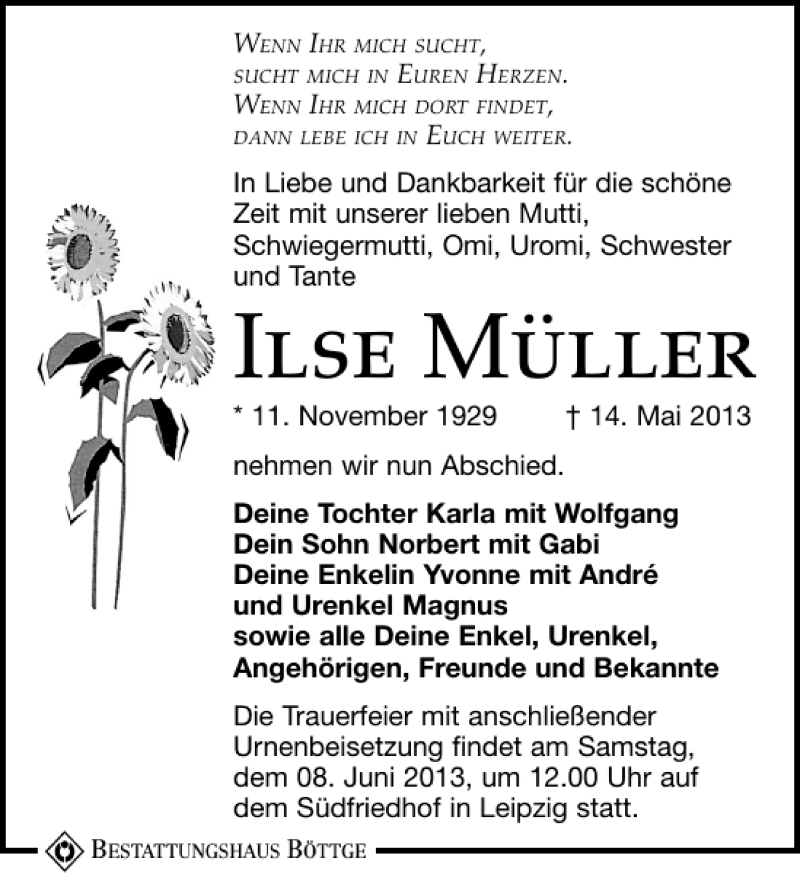  Traueranzeige für Ilse Müller vom 25.05.2013 aus Leipziger Volkszeitung