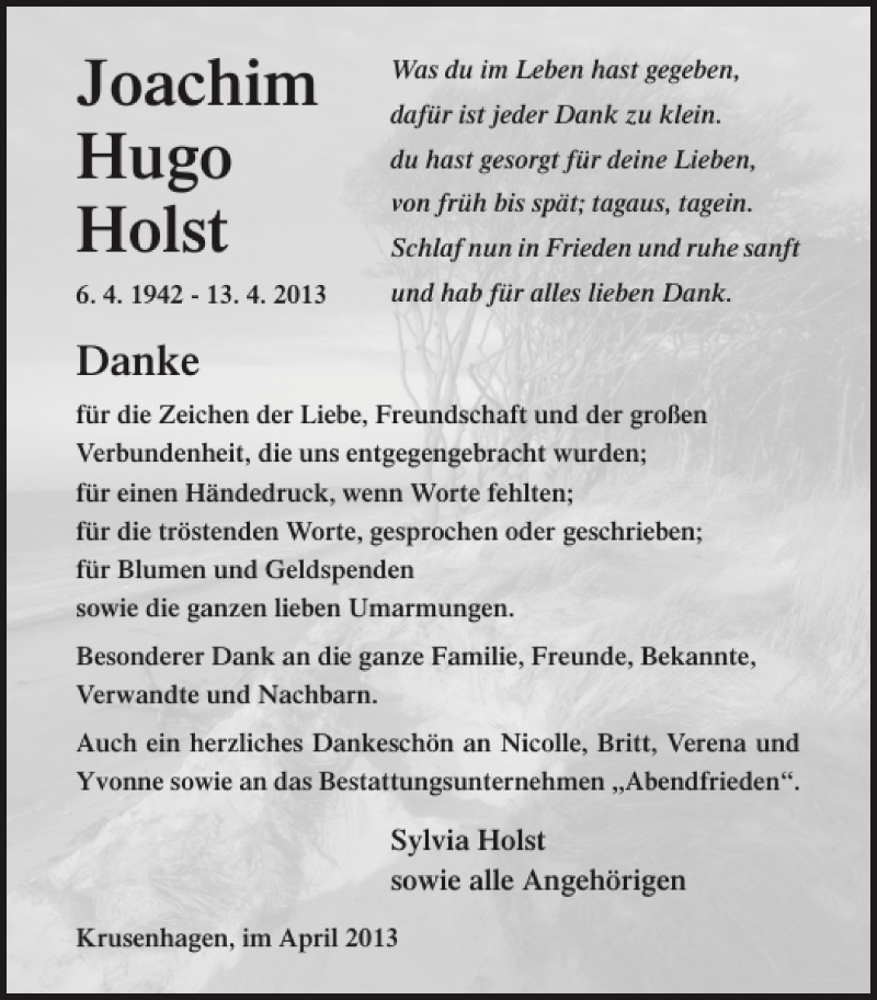  Traueranzeige für Joachim Hugo Holst vom 11.05.2013 aus Ostsee-Zeitung
