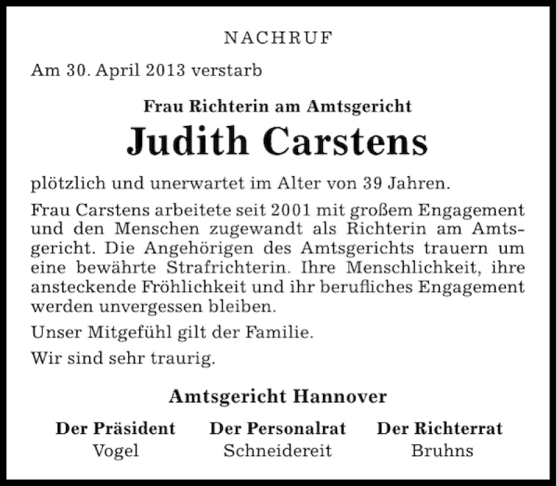  Traueranzeige für Judith Carstens vom 15.05.2013 aus HAZ/NP