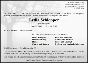 Traueranzeige von Lydia Schlepper von Schaumburger Nachrichten