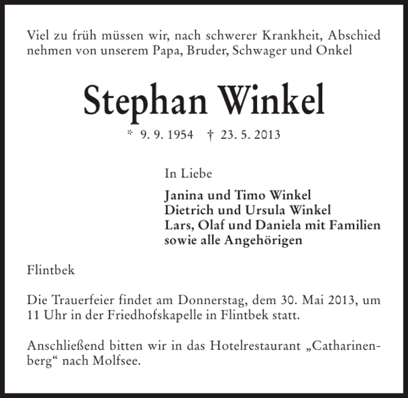  Traueranzeige für Stephan Winkel vom 28.05.2013 aus Kieler Nachrichten / Segeberger Zeitung