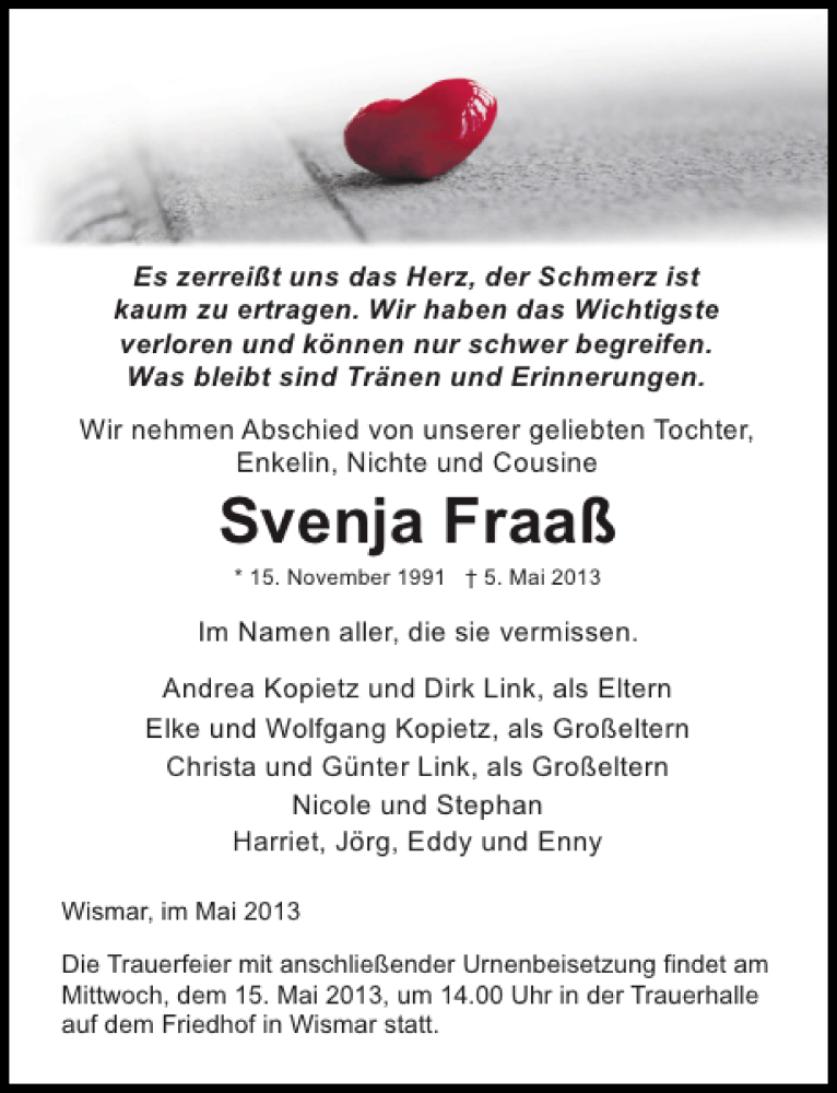  Traueranzeige für Svenja Fraaß vom 11.05.2013 aus Ostsee-Zeitung
