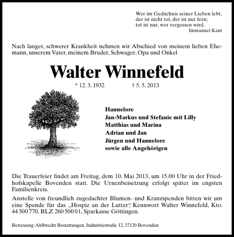  Traueranzeige für Walter Winnefeld vom 08.05.2013 aus Göttinger Tageblatt