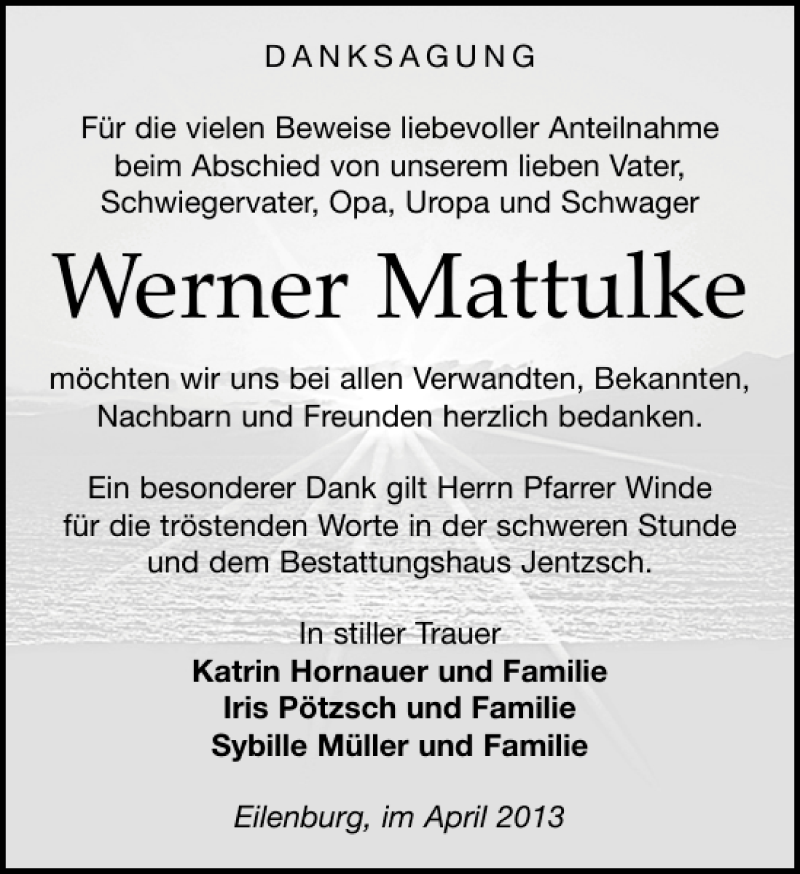  Traueranzeige für Werner Mattulke vom 04.05.2013 aus Leipziger Volkszeitung