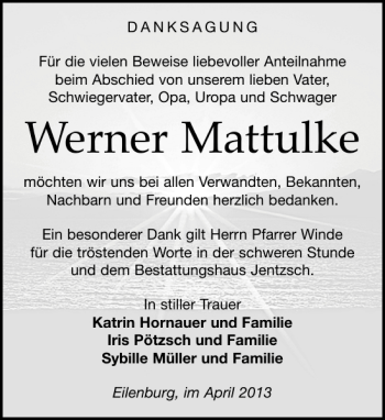 Traueranzeige von Werner Mattulke von Leipziger Volkszeitung