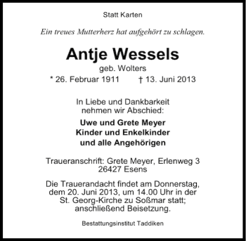 Traueranzeige von Antje Wessels von Peiner Allgemeine Zeitung