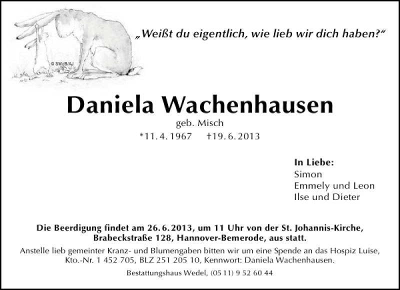  Traueranzeige für Daniela Wachenhausen vom 22.06.2013 aus HAZ/NP