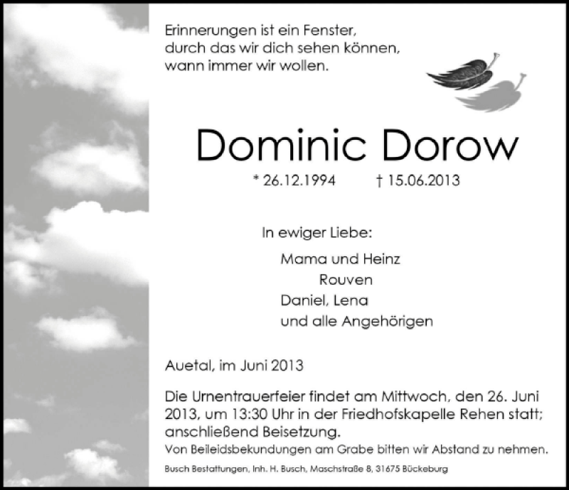  Traueranzeige für Dominic Dorow vom 22.06.2013 aus Schaumburger Nachrichten