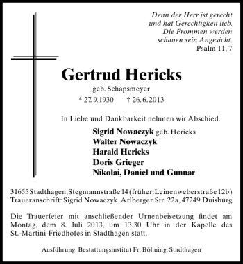 Traueranzeige von Gertrud Hericks von Schaumburger Nachrichten