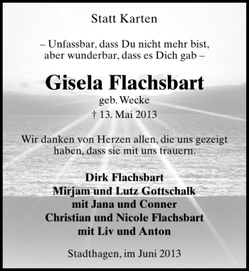 Traueranzeige von Gisela Flachsbart von Schaumburger Nachrichten