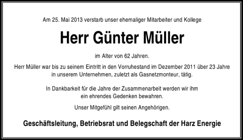 Traueranzeige für Günter Müller vom 13.06.2013 aus Eichsfelder Tageblatt