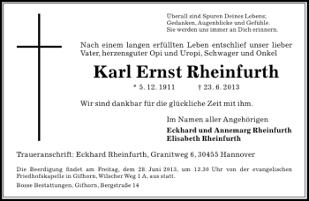 Traueranzeige von Karl Ernst Rheinfurth von Aller Zeitung / Wolfsburger Allgemeine