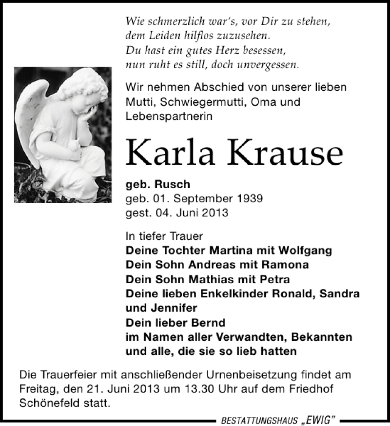  Traueranzeige für Karla Krause vom 08.06.2013 aus Leipziger Volkszeitung