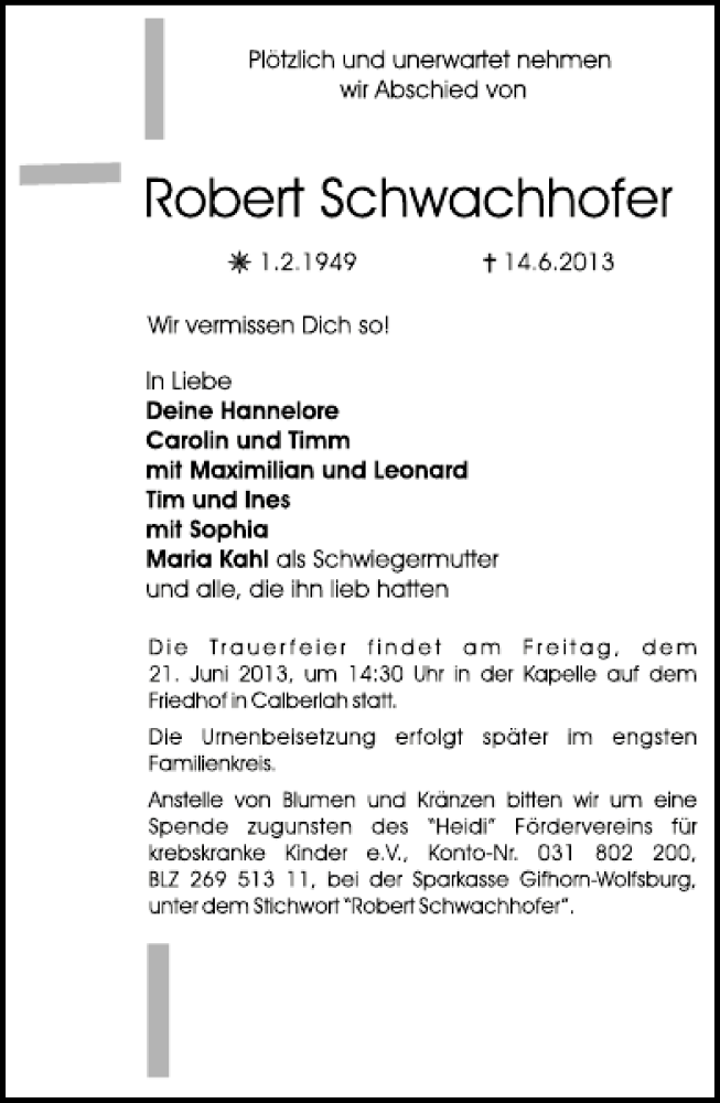  Traueranzeige für Robert Schwachhofer vom 19.06.2013 aus Aller Zeitung / Wolfsburger Allgemeine