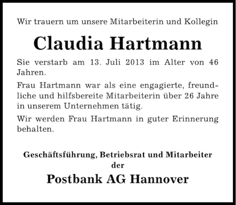  Traueranzeige für Claudia Hartmann vom 20.07.2013 aus HAZ/NP