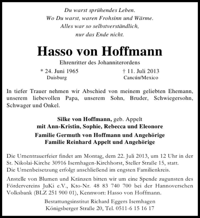  Traueranzeige für Hasso von Hoffmann vom 20.07.2013 aus HAZ/NP