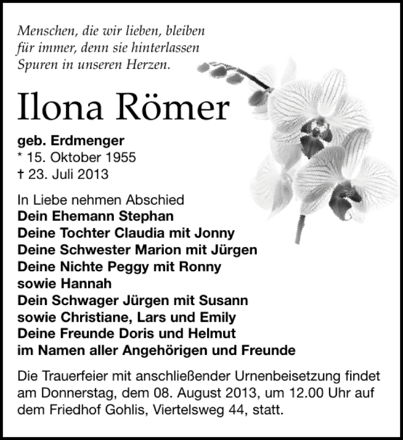 Traueranzeige für Ilona Römer vom 27.07.2013 aus Leipziger Volkszeitung