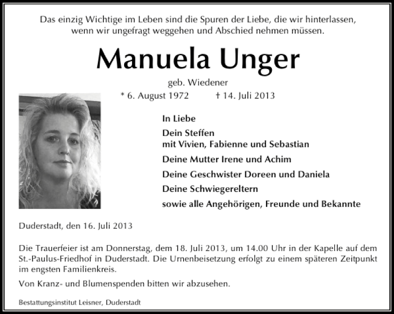  Traueranzeige für Manuela Unger vom 16.07.2013 aus Eichsfelder Tageblatt