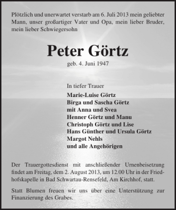 Traueranzeige von Peter Görtz von Lübecker Nachrichten