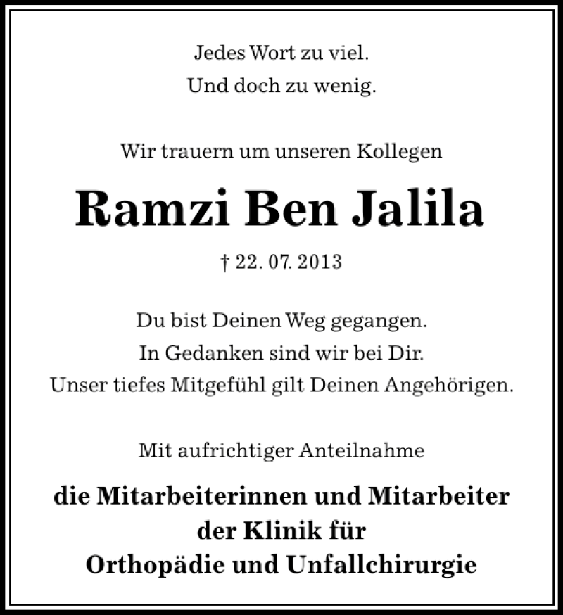  Traueranzeige für Ramzi Ben Jalila vom 26.07.2013 aus Aller Zeitung / Wolfsburger Allgemeine