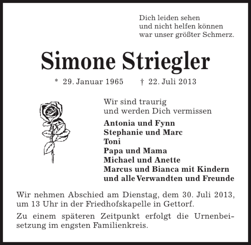  Traueranzeige für Simone Striegler vom 27.07.2013 aus Kieler Nachrichten / Segeberger Zeitung