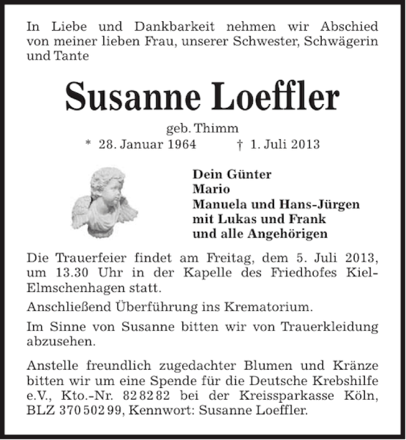  Traueranzeige für Susanne Loeffler vom 04.07.2013 aus Kieler Nachrichten / Segeberger Zeitung
