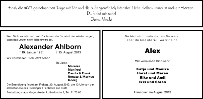  Traueranzeige für Alexander  Ahlborn vom 24.08.2013 aus HAZ/NP