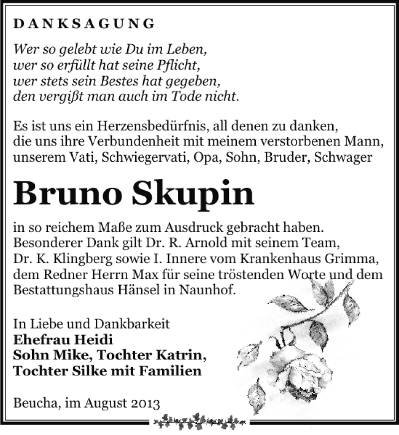  Traueranzeige für Bruno Skupin vom 17.08.2013 aus Leipziger Volkszeitung