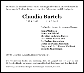 Traueranzeige von Claudia Bartels von HAZ/NP