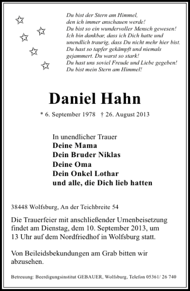  Traueranzeige für Daniel Hahn vom 28.08.2013 aus Aller Zeitung / Wolfsburger Allgemeine