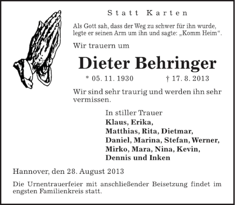  Traueranzeige für Dieter Behringer vom 28.08.2013 aus HAZ/NP