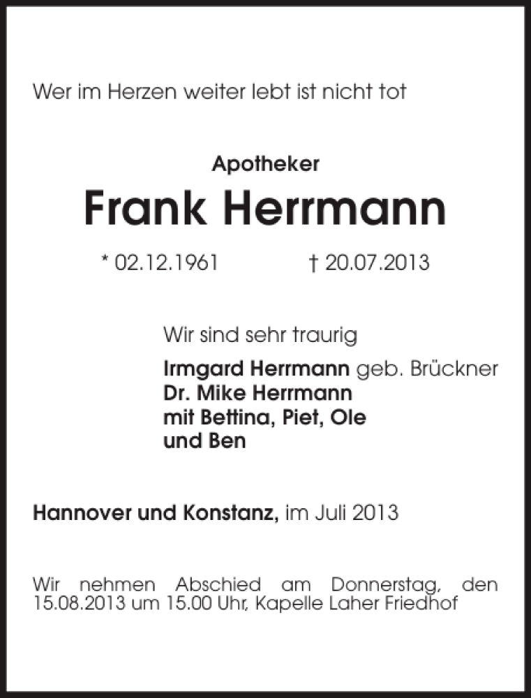  Traueranzeige für Frank Herrmann vom 13.08.2013 aus HAZ/NP