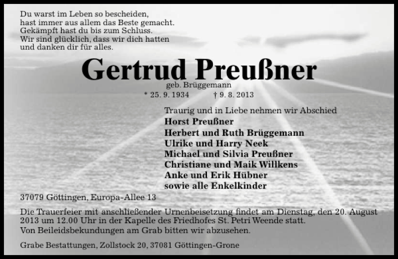  Traueranzeige für Gertrud Preußner vom 17.08.2013 aus Göttinger Tageblatt