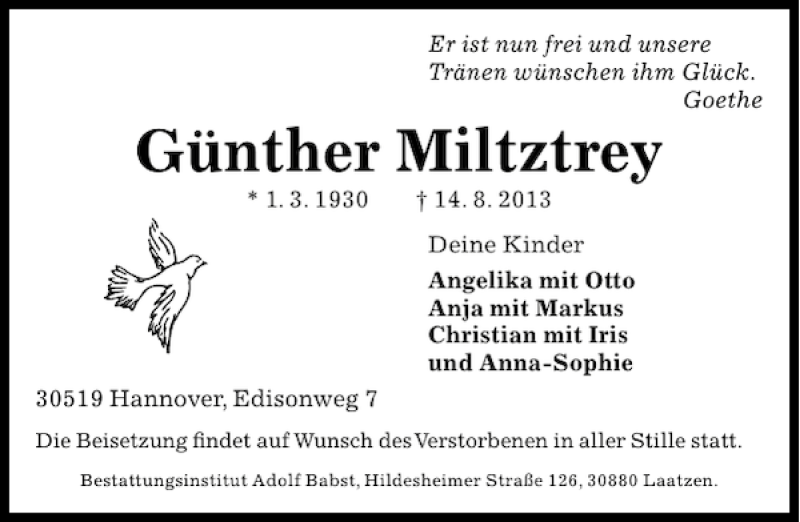  Traueranzeige für Günther Miltztrey vom 17.08.2013 aus HAZ/NP