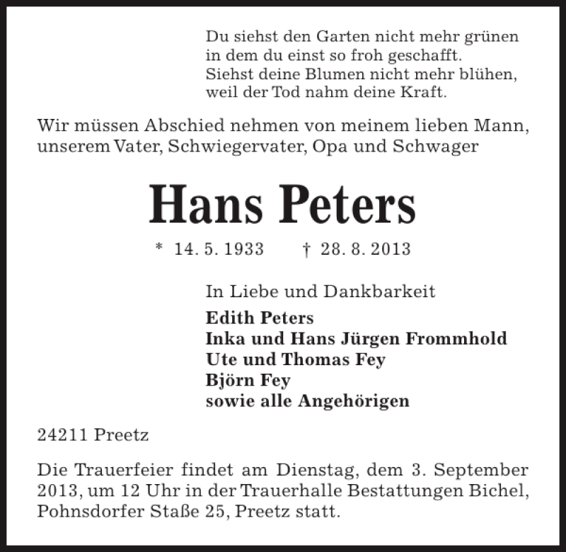  Traueranzeige für Hans Peters vom 31.08.2013 aus Kieler Nachrichten / Segeberger Zeitung