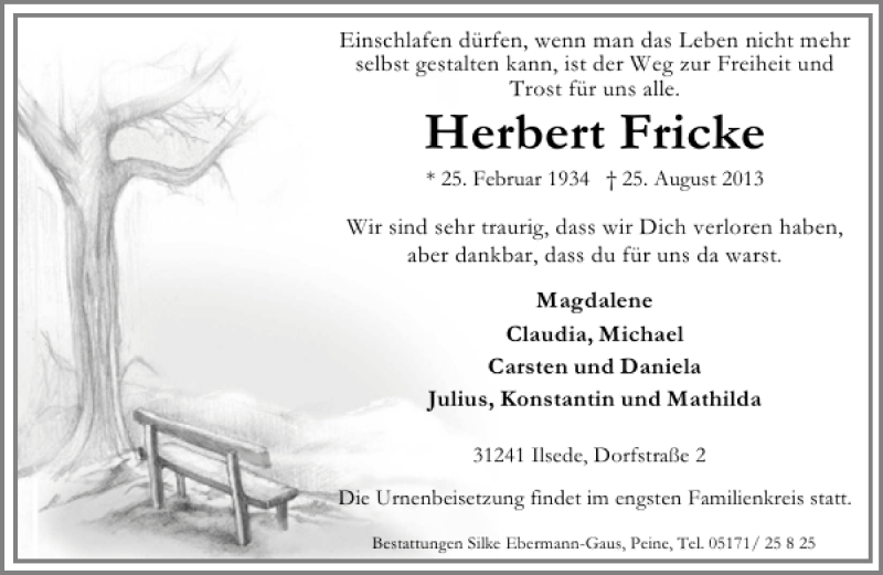  Traueranzeige für Herbert Fricke vom 29.08.2013 aus Peiner Allgemeine Zeitung