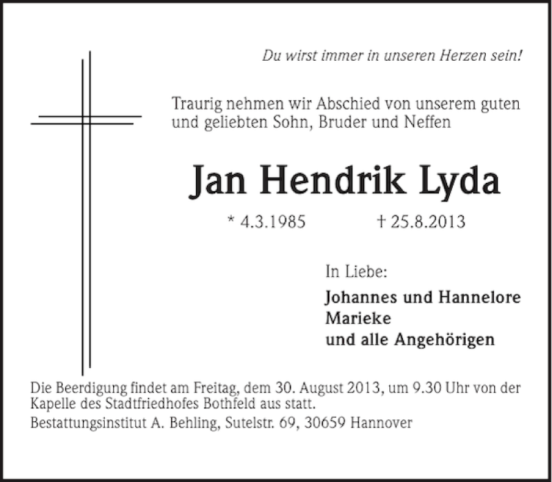  Traueranzeige für Jan Hendrik Lyda vom 28.08.2013 aus HAZ/NP