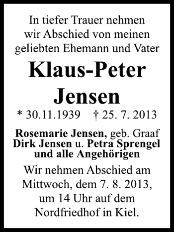 Traueranzeige von Klaus-Peter Jensen von Kieler Nachrichten / Segeberger Zeitung