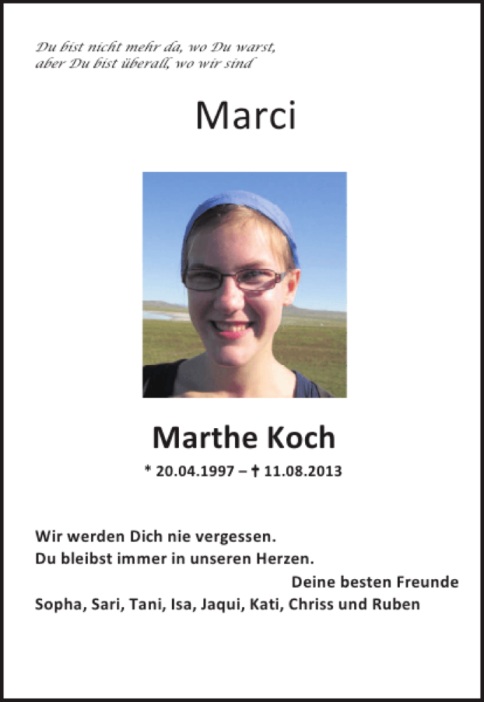  Traueranzeige für Marthe (Marci) Koch vom 14.08.2013 aus Göttinger Tageblatt