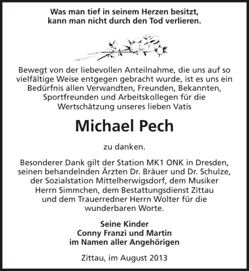  Traueranzeige für Michael Pech vom 02.08.2013 aus Sächsische Zeitung