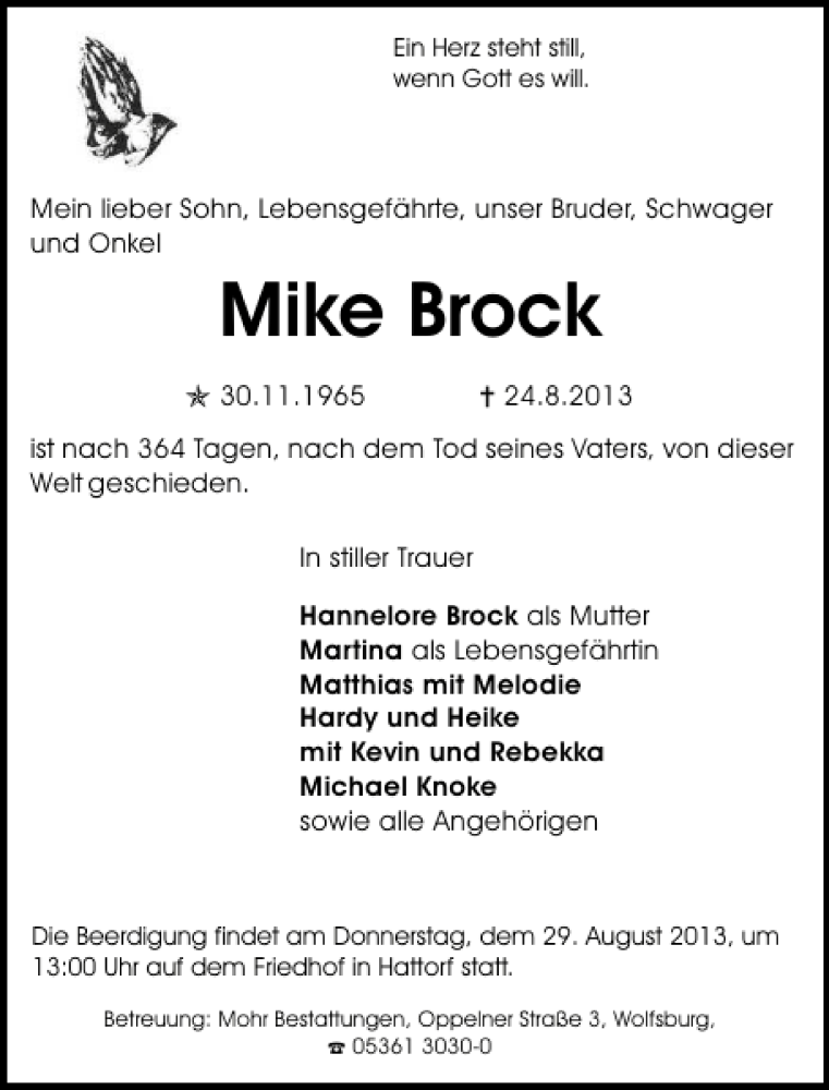  Traueranzeige für Mike Brock vom 27.08.2013 aus Aller Zeitung / Wolfsburger Allgemeine