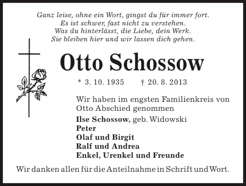  Traueranzeige für Otto Schossow vom 31.08.2013 aus Kieler Nachrichten / Segeberger Zeitung