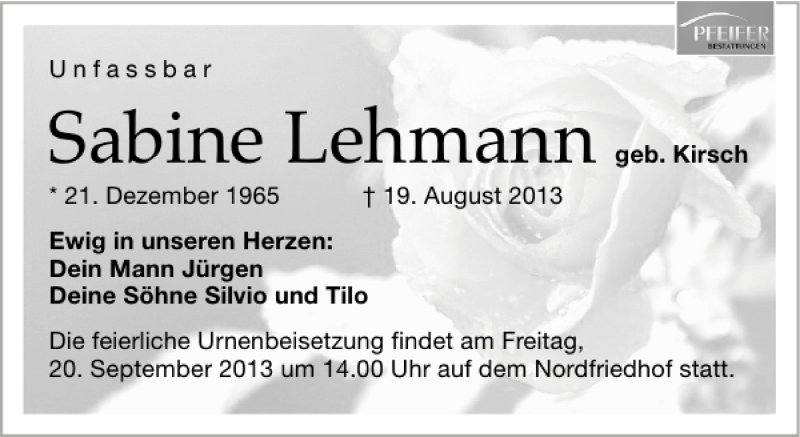  Traueranzeige für Sabine Lehmann vom 31.08.2013 aus Leipziger Volkszeitung