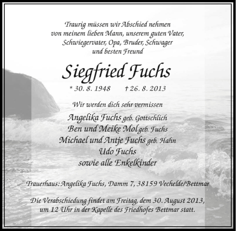  Traueranzeige für Siegfried Fuchs vom 28.08.2013 aus Peiner Allgemeine Zeitung