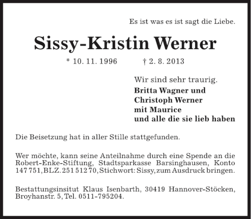  Traueranzeige für Sissy-Kristin Werner vom 31.08.2013 aus HAZ/NP