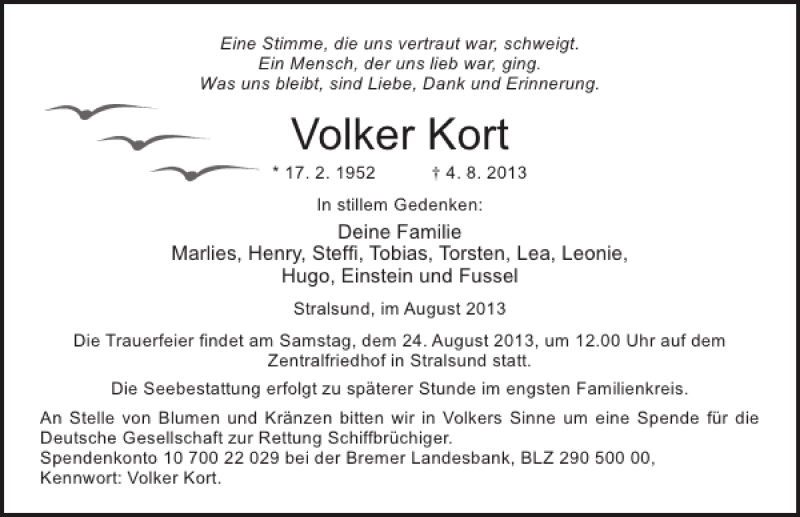  Traueranzeige für Volker Kort vom 06.08.2013 aus Ostsee-Zeitung