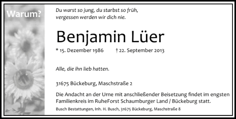  Traueranzeige für Benjamin Lüer vom 24.09.2013 aus Schaumburger Nachrichten