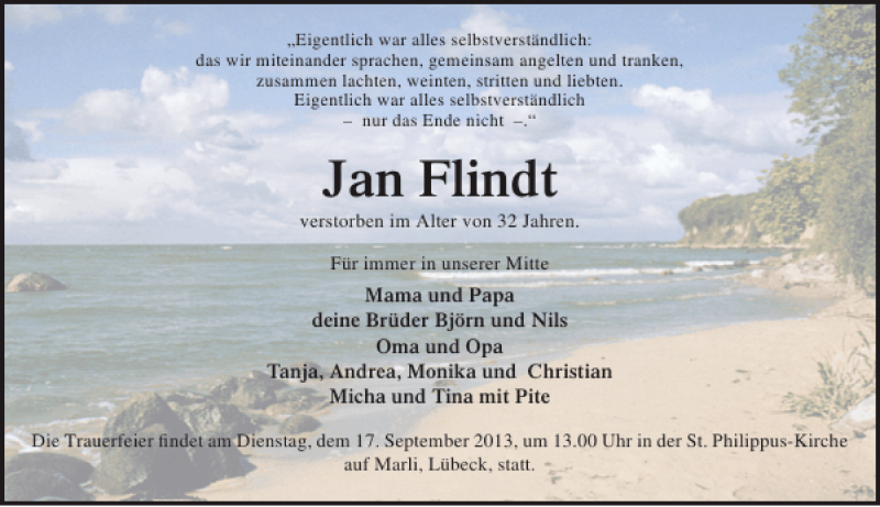  Traueranzeige für Jan Flindt vom 15.09.2013 aus Lübecker Nachrichten