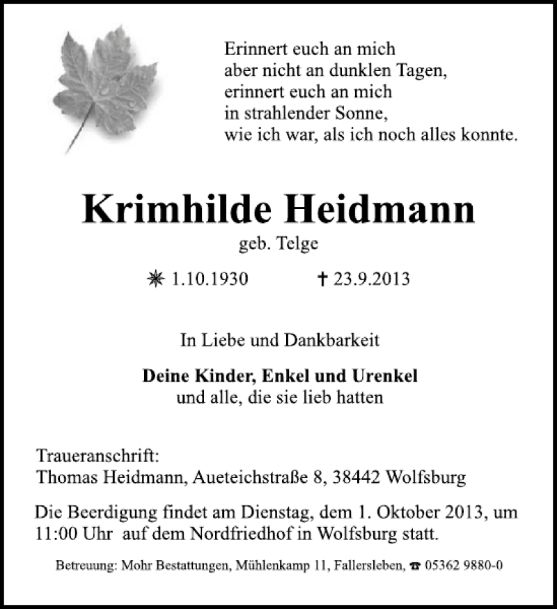  Traueranzeige für Krimhilde Heidmann vom 28.09.2013 aus Aller Zeitung / Wolfsburger Allgemeine