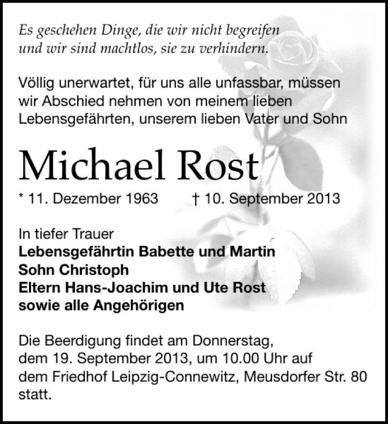  Traueranzeige für Michael Rost vom 14.09.2013 aus Leipziger Volkszeitung